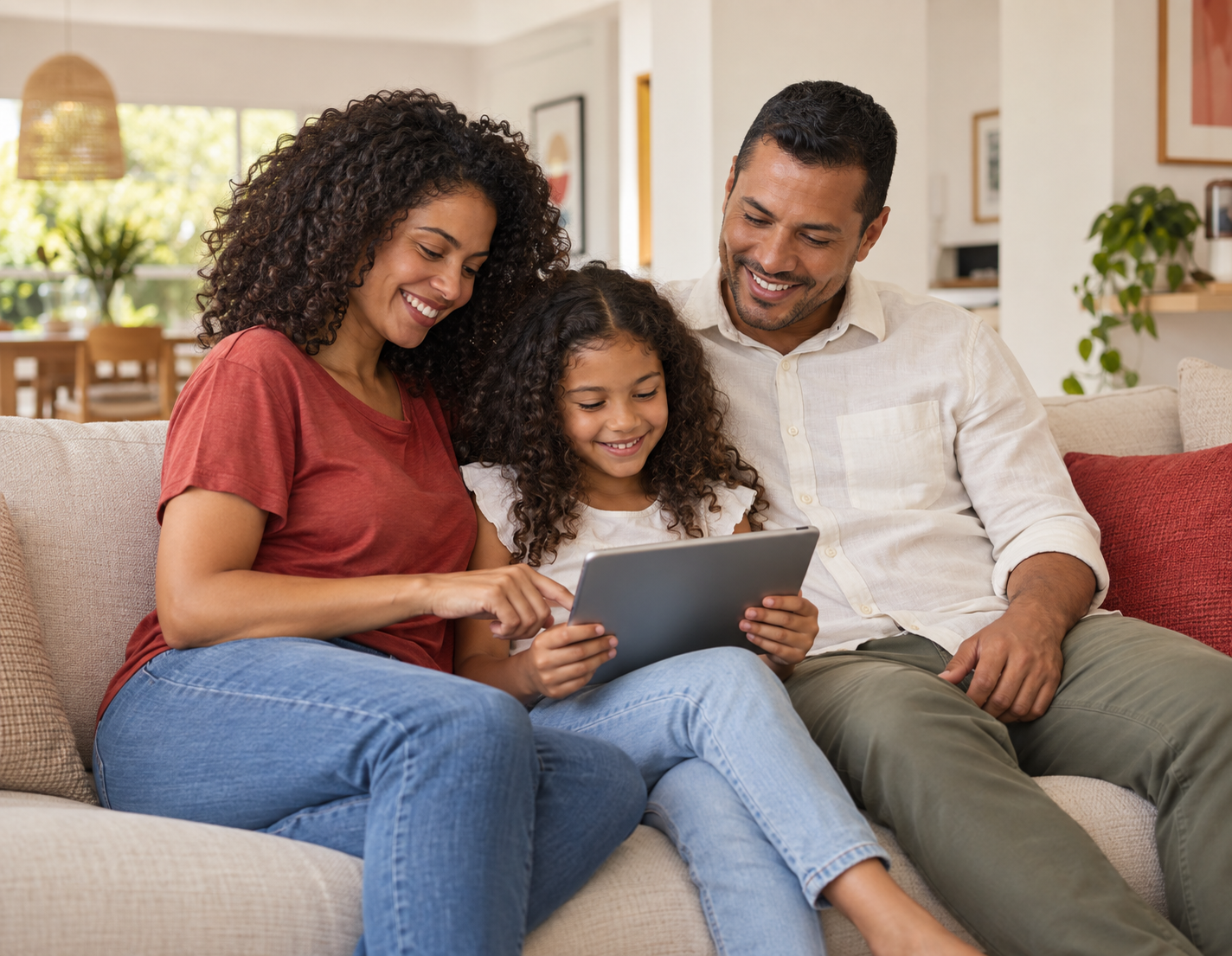 Família reunida no sofá usando um tablet. Imagem ilustrativa gerada por IA.